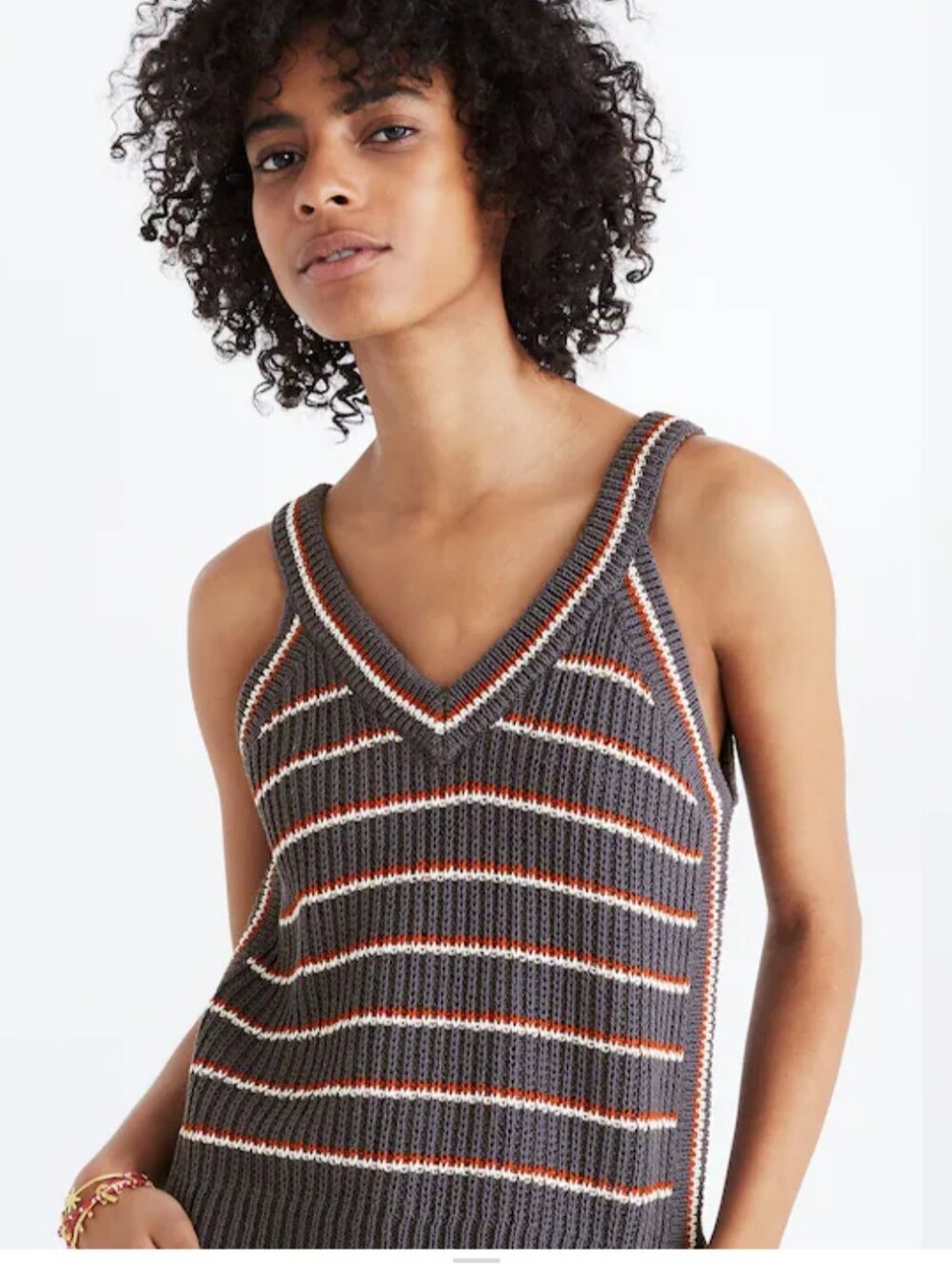 Madewell Gray Knit V-Neck Tank with Orange & Cream Stripes